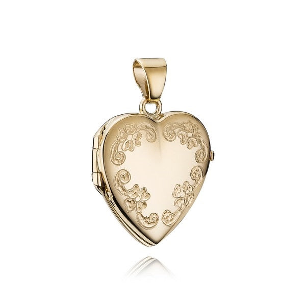 BNH hjertevedhæng med mønster i 8 eller 14 kt guld – hjerteformet medaljon med floral gravering, 22 x 24 mm.